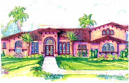 House plan exterior of a one-story Mediterranean style home with arched windows, tile roof, and a central entrance.