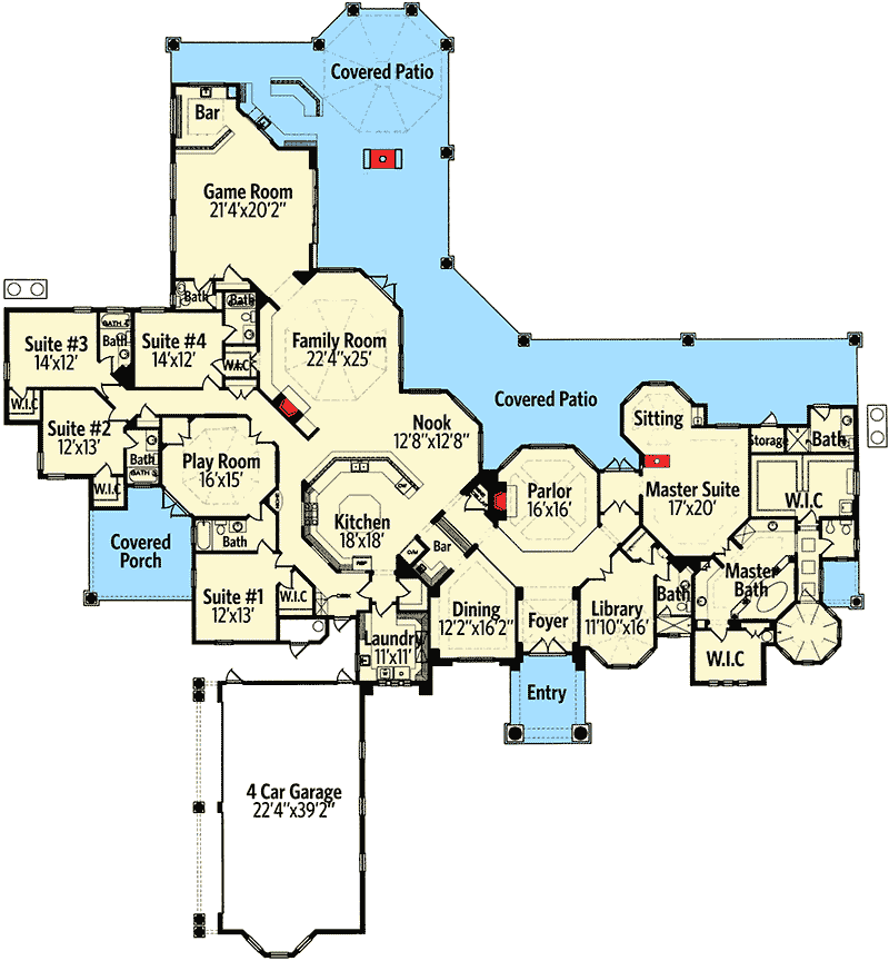 Plan 4274MJ: Chateau Masterpiece - Floor Plan - Main Level - European, Florida-Style, Mediterranean