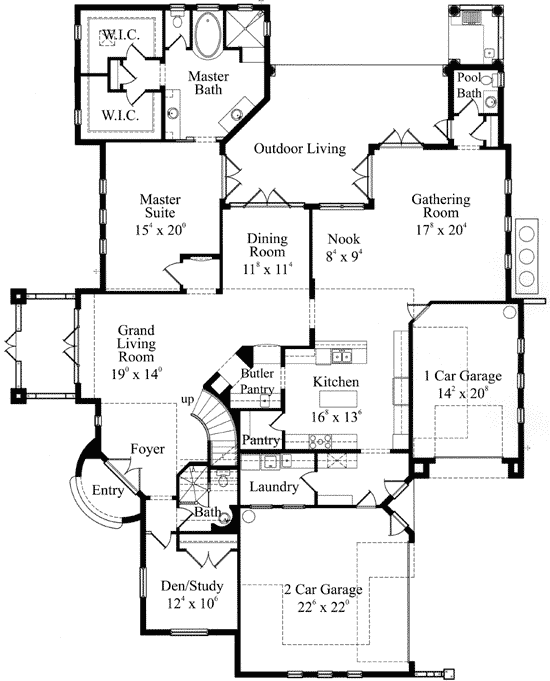 Plan 42807MJ: Deluxe Mediterranean Home Plan with 3-Car Garage - Floor Plan - Main Level - European, Mediterranean, Spanish, Tuscan