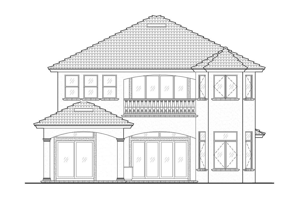 House plan exterior drawing showing a two-story home with a hipped roof, arched entryway, second-story balcony, and varied window configurations.