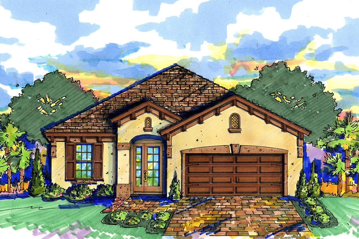 House plan exterior: single-story, stucco facade, tile roof, central entry, and attached garage.