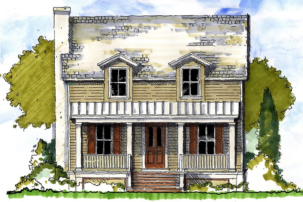 House plan exterior: Two-story home with a covered front porch, dormer windows, and a prominent chimney.