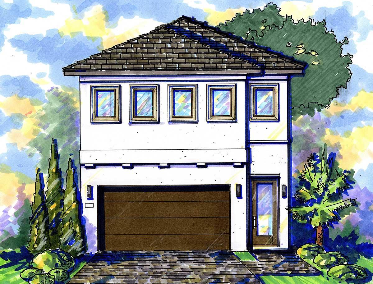 House plan exterior: two-story, white stucco facade with a pitched roof, five upper windows, a single garage door, and a glass-paneled entry door.