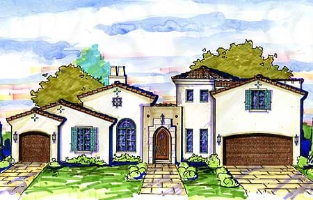 House plan exterior of a Mediterranean-style home with a stucco finish, two garages, arched entry, and red tile roof.
