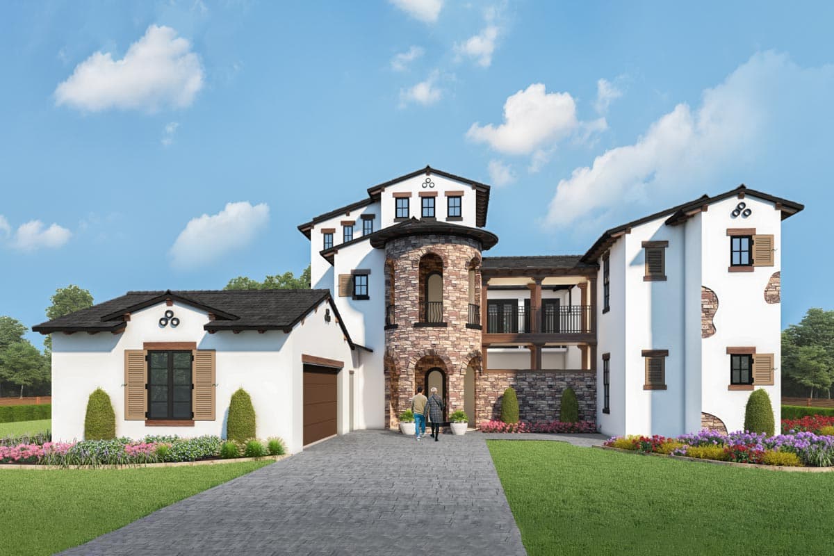 House plan exterior. Two-story Mediterranean style. Features include a stone tower, multiple balconies, and a tile roof.
