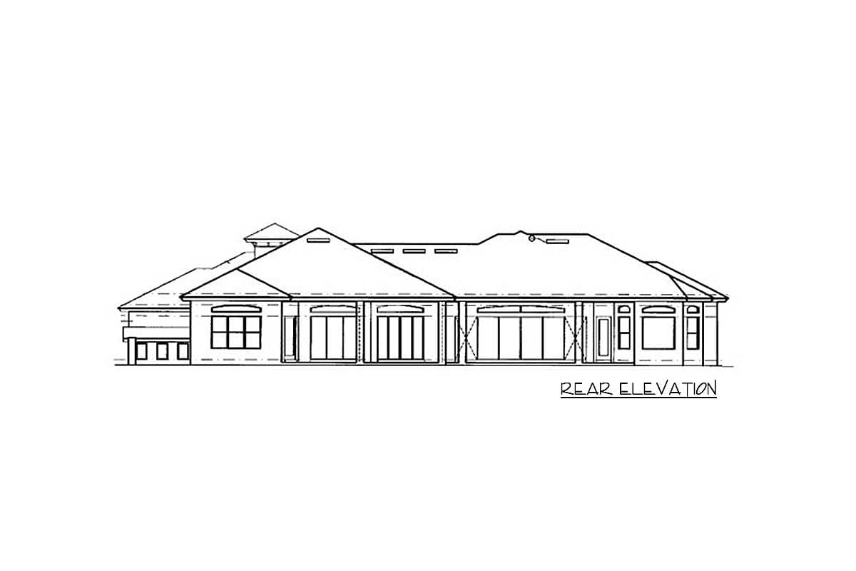Rear elevation house plan showing a long, low profile with a prominent hipped roof, multiple sliding glass doors, and a multi-pane window.