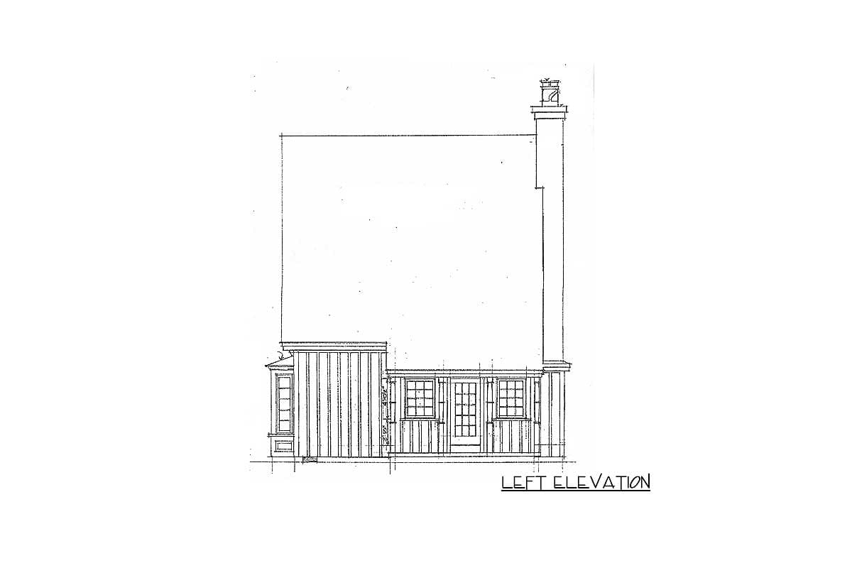 Left elevation drawing of a house plan showing a bay window, paneled walls, a door, windows, and a chimney.