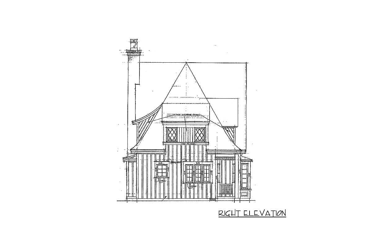 Architectural drawing showing the right elevation of a house plan with a prominent chimney, multiple gables, and a covered porch.
