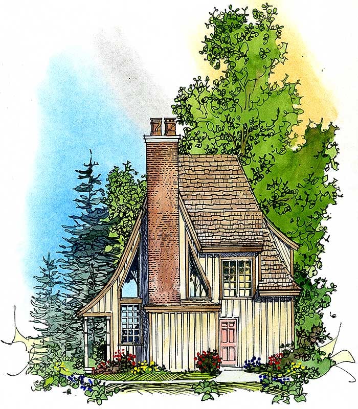 House plan exterior of a two-story cottage with a prominent brick chimney, A-frame rooflines, and wood siding.