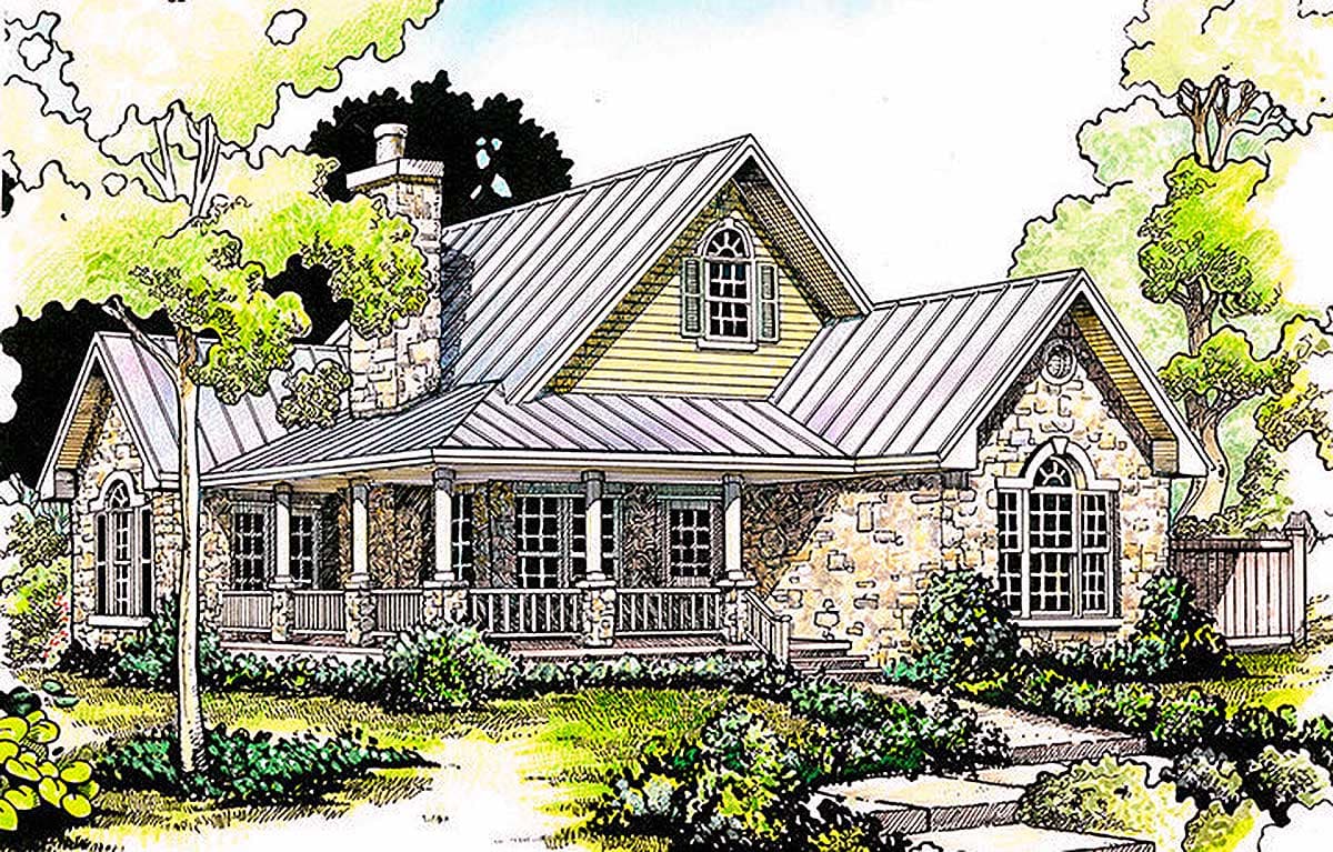 House plan exterior: Stone ranch with wrap-around porch, metal gable roof, and prominent stone chimney.
