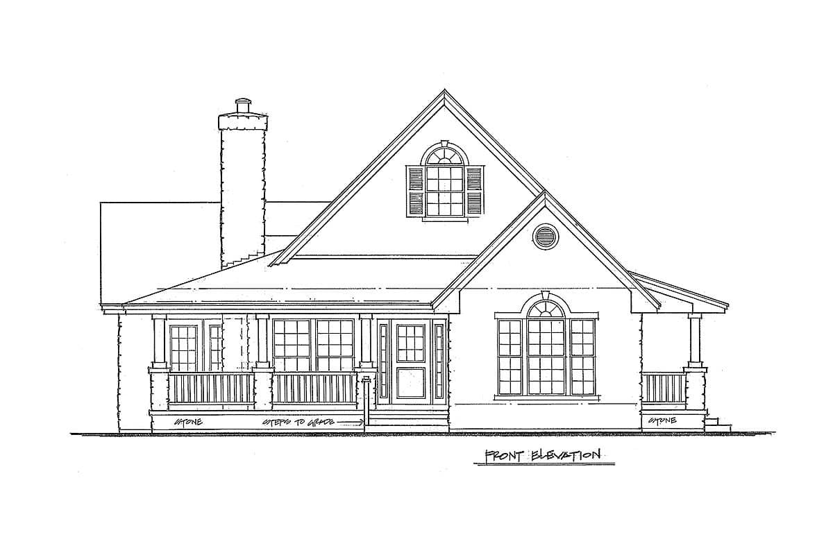 Front elevation house plan drawing with a prominent gable, dormer, covered porch, and chimney.