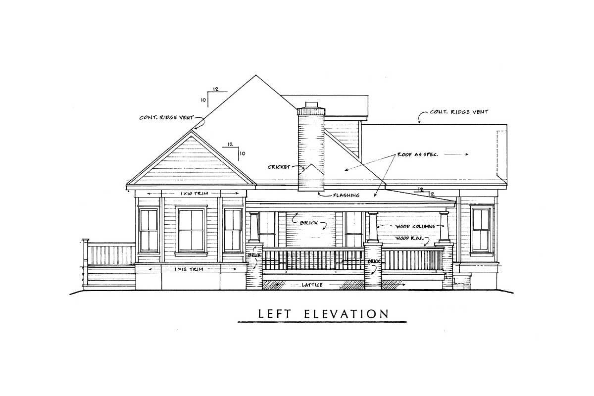 Left elevation of a house plan featuring a gabled roof, wraparound porch with wood columns, and brick foundation.