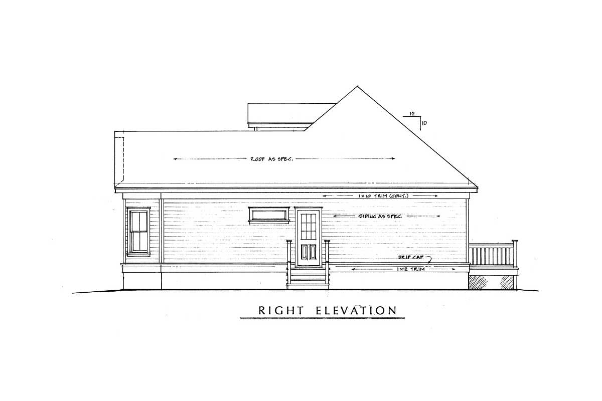 Right elevation house plan drawing showing siding, door with steps, window, and roofline with dimensions.
