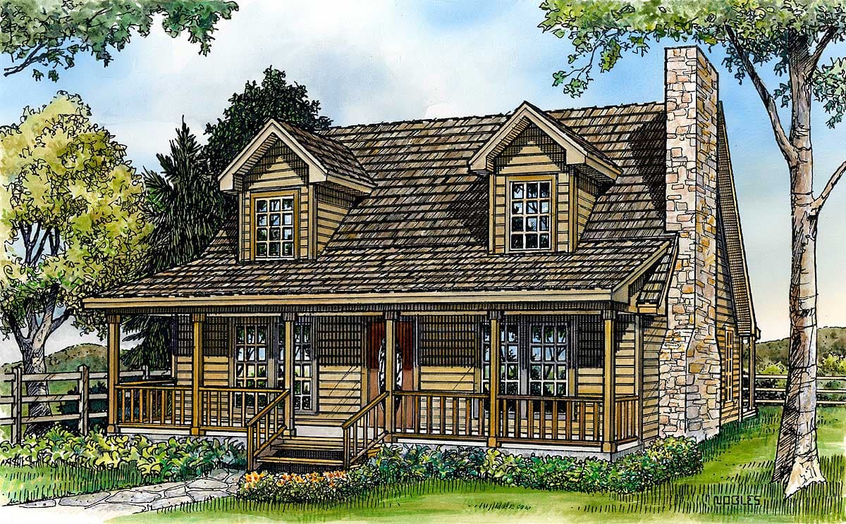 House plan exterior shows a two-story home with a wraparound porch, dormers, and a stone chimney.