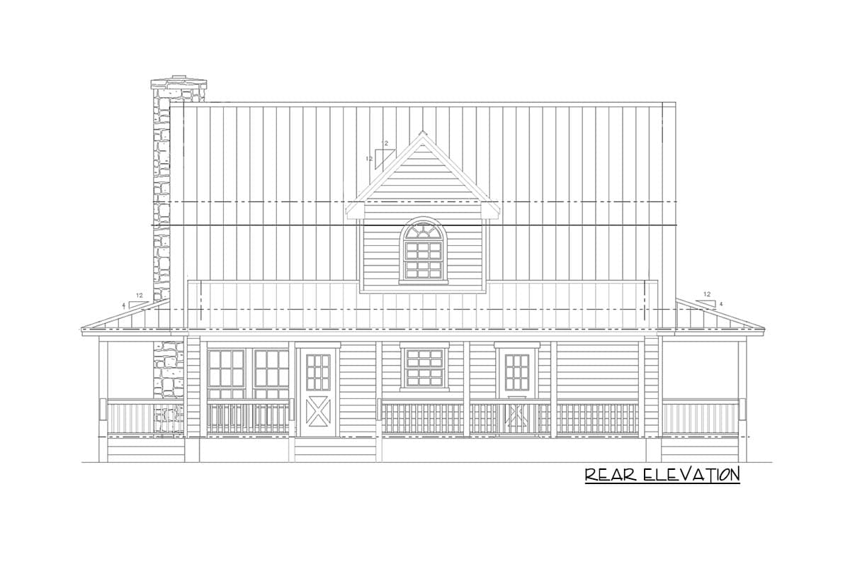 Rear elevation drawing of a house plan with a stone chimney, wrap-around porch, and dormer window.