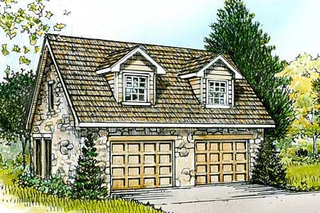 House plan exterior of a two-car garage with stone siding, gabled dormers, and a shingled roof.