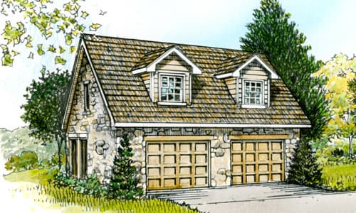 House plan exterior: Two-story garage with stone facade, twin wooden garage doors, and dual dormer windows.