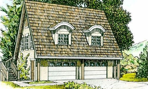 House plan exterior: two-story garage with gambrel roof, two dormers, and two garage bays.