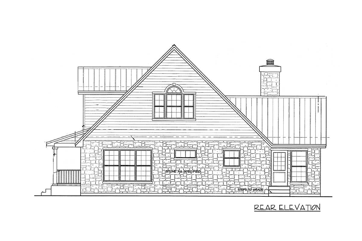 Rear elevation drawing of a two-story house with stone base, clapboard siding, gabled roof, dormer window, and chimney.