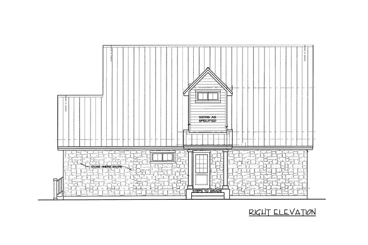 Right elevation house plan drawing showing stone-clad lower level, gabled dormer with siding, and metal roof.