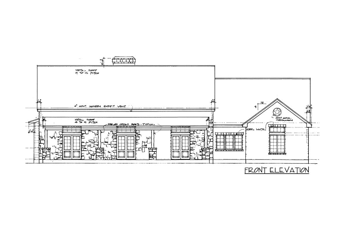 Front elevation drawing of a one-story house plan with stone facade, covered porch, metal roof, and gabled dormer with star medallion.