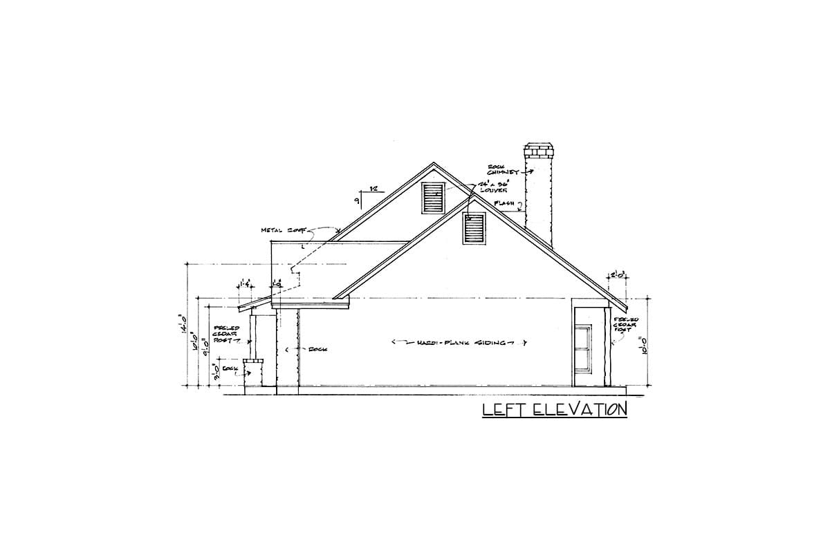Left elevation house plan showing metal roof, gabled dormer, rock chimney, deck, and plank siding.