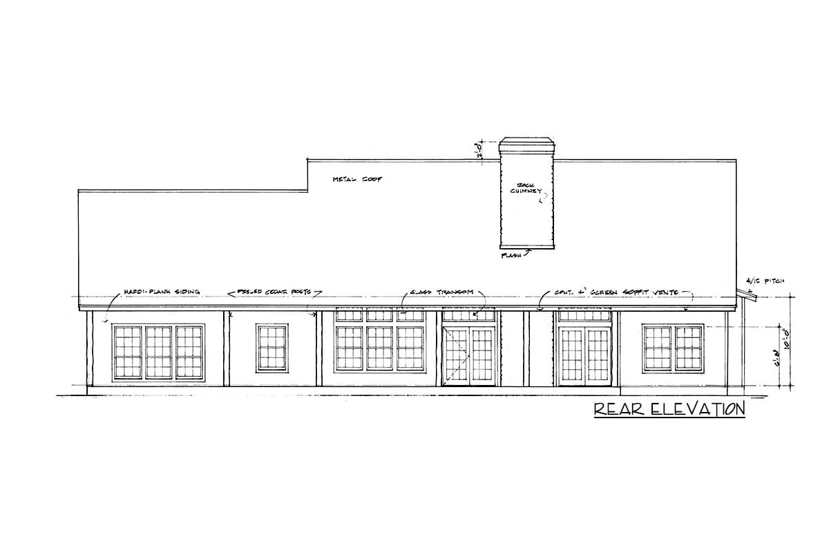 Rear elevation house plan drawing showing various window types, double doors, a chimney, and Hardi-Plank siding.