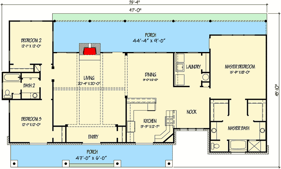 Plan 46016HC: Hill Country Home Plan with Front and Rear Porches - Floor Plan - Main Level - Country, Hill Country, Ranch, Rustic
