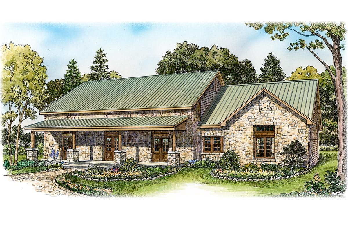 House plan exterior: One-story stone dwelling with a covered porch, gabled roof, and prominent front entryways.