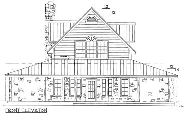 Front elevation drawing of a two-story house plan with stone base, prominent gables, dormers, and a stone chimney.