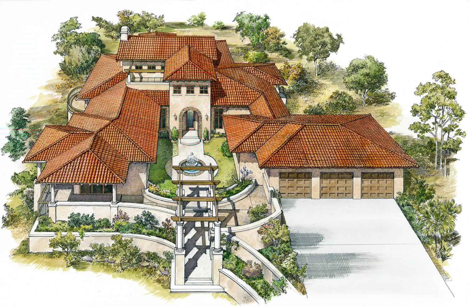 House plan exterior, Mediterranean style, with multiple red tile roof sections, arched entryway, and a three-car garage.