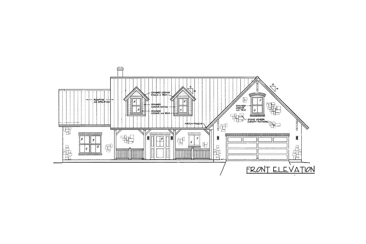 Front elevation house plan showing a two-story house with a metal roof, dormers, covered porch, stone veneer, and a two-car garage.