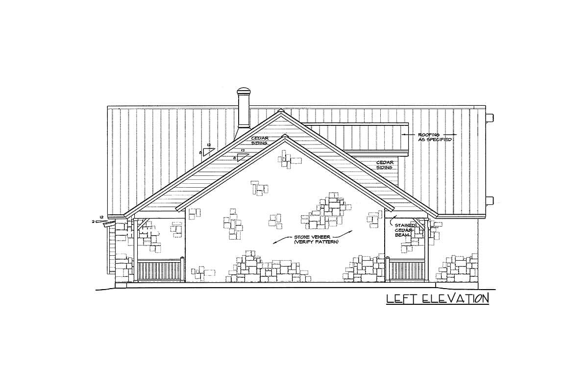 Left elevation house plan with cedar siding, stone veneer accents, and pitched roof.