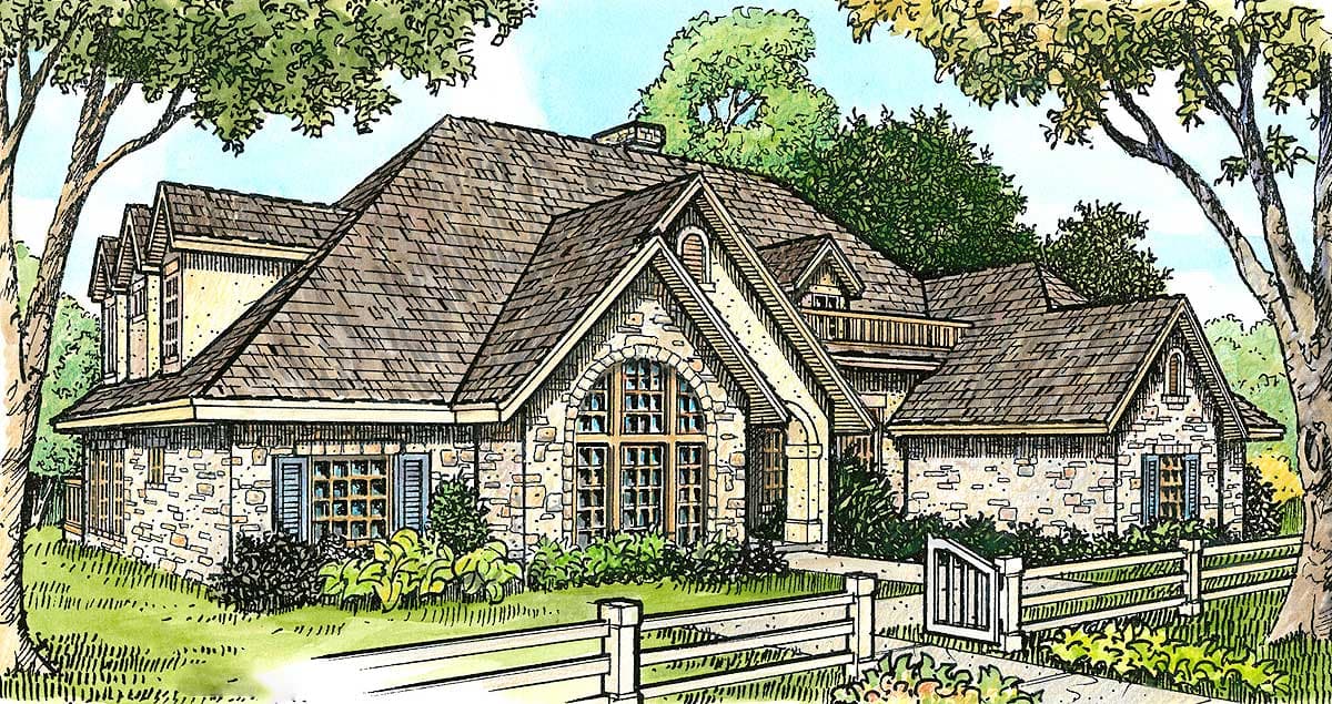 House plan exterior with stone facade, multiple gables, and a large arched window.