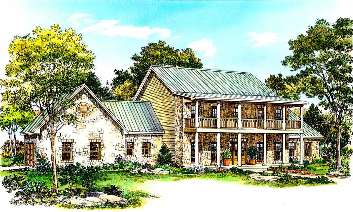 House plan exterior featuring stone and wood siding, a two-story wraparound porch, metal roof, and gabled dormers.