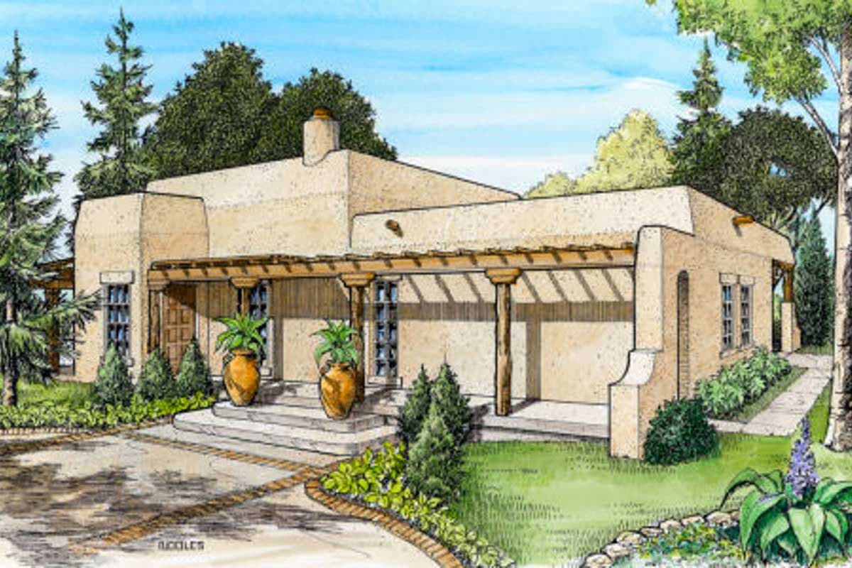 Southwestern style house plan exterior with stucco walls, a covered porch with wood posts, and multiple windows.