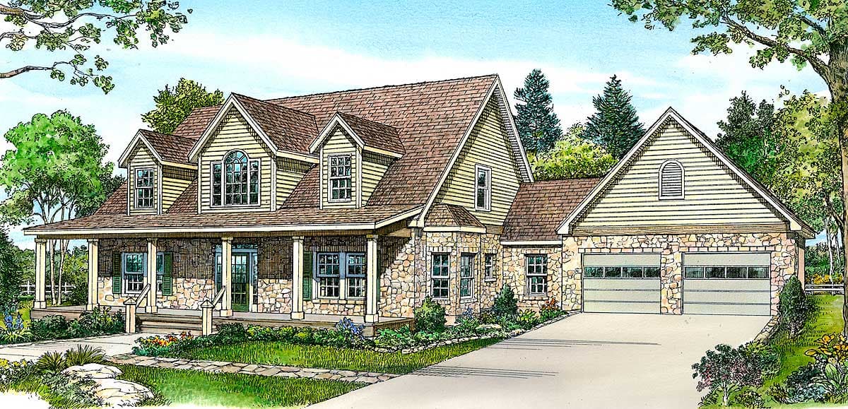House plan exterior: Two-story home with wraparound porch, stone foundation, dormers, and attached two-car garage.