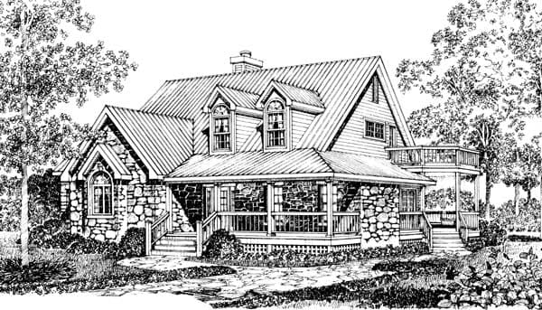 House plan exterior: Two-story dwelling with stone accents, wraparound porch, dormer windows, and second-story balcony.