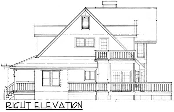 Right elevation drawing of a two-story house with a prominent gable, dormer window, and a wrap-around deck.