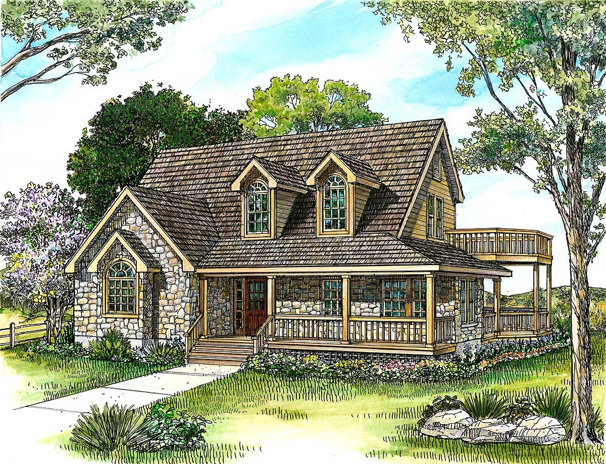 House plan exterior: Two-story home with stone facade, wraparound porch, dormers, and elevated deck.