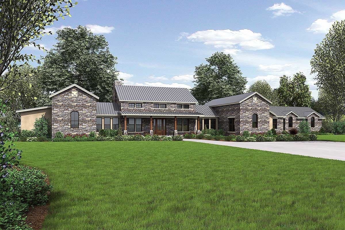 House plan exterior featuring stone facade, metal roof, covered porch with timber posts, and multiple gables.