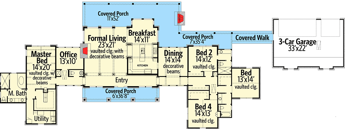 Plan 46041HC: Hill Country House Plan with Massive Porch - 3325 Sq Ft - Floor Plan - Main Level - Contemporary, Country, Hill Country, Ranch, Rustic