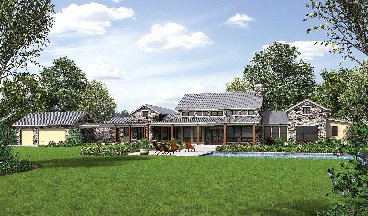 House plan exterior with stone siding, metal roof, attached garage, and covered patio with columns.