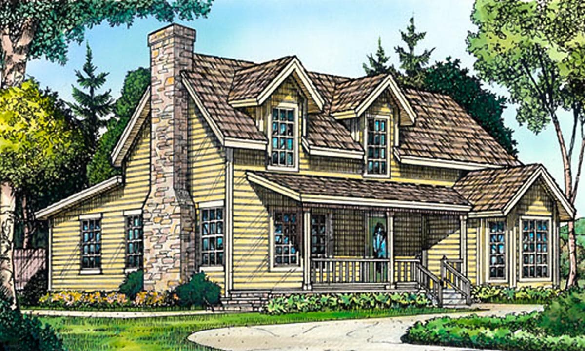 House plan exterior featuring a two-story farmhouse style with a front porch, dormers, and stone chimney. Features gabled rooflines and wood siding.
