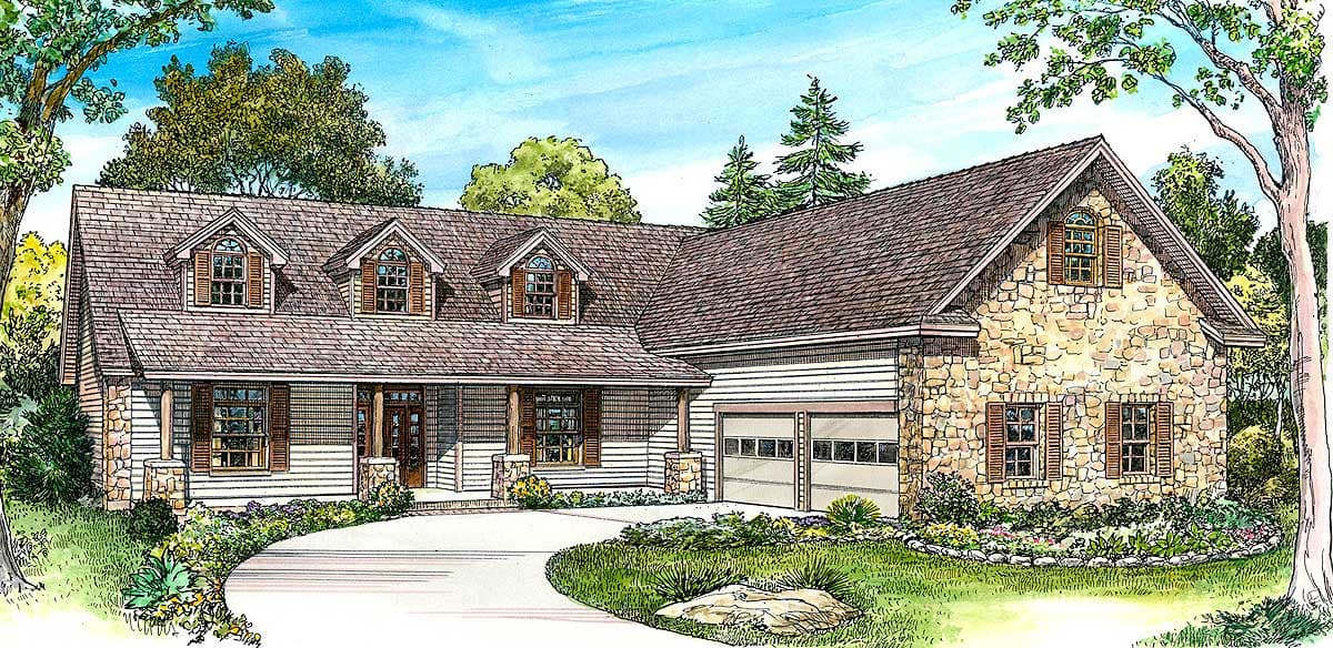 House plan exterior: One-and-a-half story with stone and siding, gabled dormers, covered porch, and a side-entry garage.