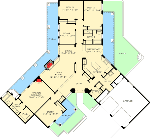 Plan 46046HC: Southwestern Home Plan with Unusual Shape - Floor Plan - Main Level - Adobe , Southwest, Spanish
