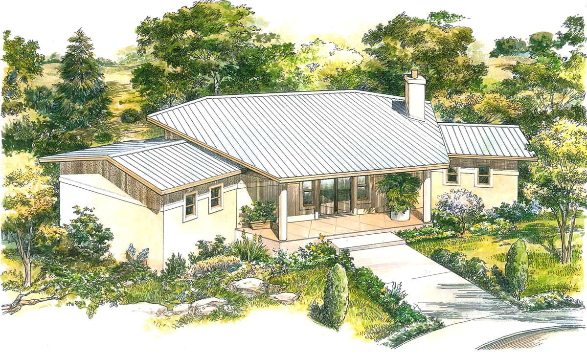 House plan exterior with low-pitched roof, porch, and a side entry garage. Features a single story design with a light-colored stucco exterior.