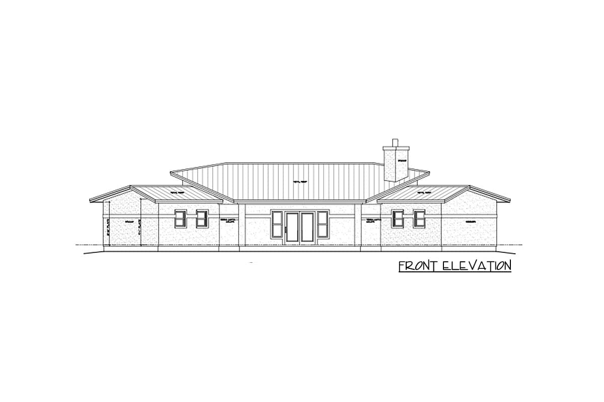 Front elevation drawing of a single-story house with a metal roof, dormers, a chimney, and multiple windows.