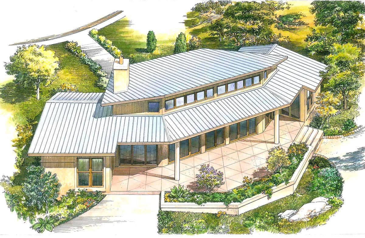 House plan exterior with asymmetrical rooflines, large windows, a covered patio, and a chimney.