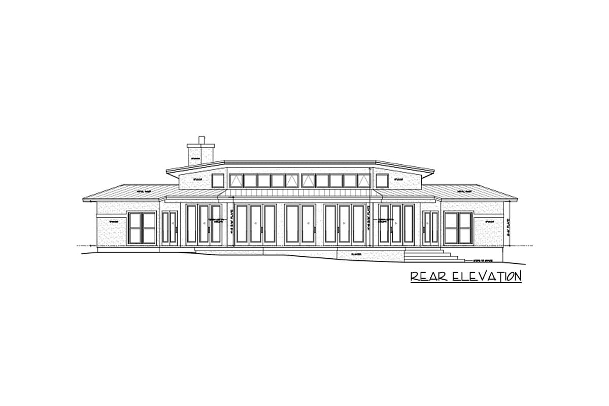 Rear elevation drawing of a one-story house plan with a long bank of windows, multiple glass doors, and a shed roofline.